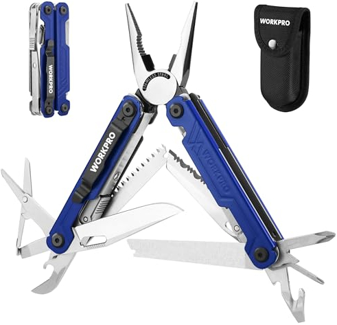 WORKPRO Alicates Multiusos 18 en 1, Alicates Multifunción con Bolsa, Herramienta Multifuncional Plegable de Acero Inoxidable con Alicates Sierras Destornillador Lima para Camping, Azul