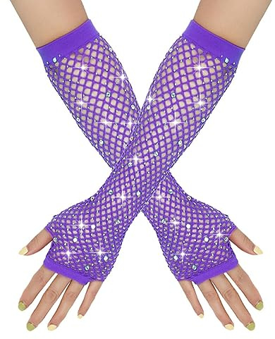 Yurosiay Lang Strass Netzhandschuhe Damen Bunt Fingerlose Mesh Handschuhe Elastisch Fischnetz Handschuhe Mit Strass Mode Fingerlose Abendhandschuhe für 80er Tanz Kostümabend Party Schwarz