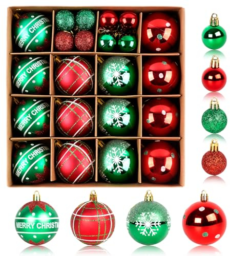 Weihnachtskugeln 30er Set,3cm&6cm Rot Grün Christbaumkugeln Kunststoff Weihnachtsbaumschmuck Bruchsichere Christbaumkugeln Christbaum Ornamente für Weihnachten Innen Aussen Hochzeit Party