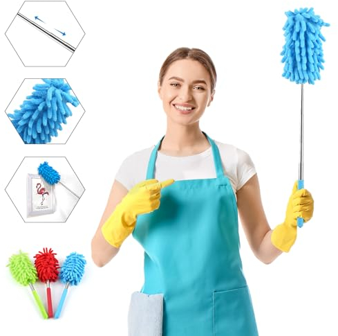 Vicloon Plumero Microfibra Mango, 3 Piezas Plumero Telescópico Duster Limpieza Polvo, Cepillo para Duster de Chenilla, 28-75cm Retráctil Recolector de Polvo Lavable (Rojo, Azul, Verde)