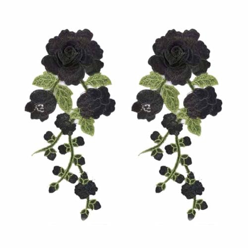SHTGOI Stickerei-Blumen Applikation 2 Stück Retro Rose Blumen Patches zum Aufnähen Bestickte Bügelbild Aufnäher Blume Applique Kleidung Zubehör für DIY Nähen Cheongsam Kleidung Kleid Schwarz