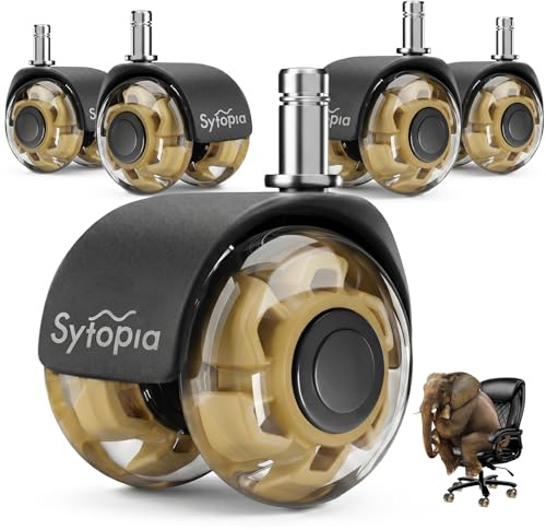Sytopia Robuste Bürostuhlrollen für Hartholzböden und Teppiche, ersetzt Matte, Upgrade-Gummi-Ersatzrollen, universelles Zubehör, leise, glatte Computerstuhlrollen, Set mit 5 Stück, Gelb