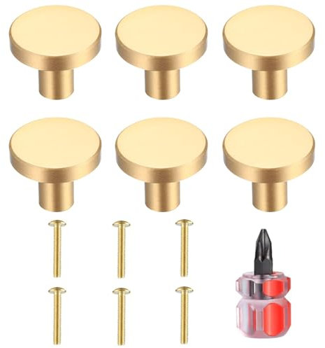 6 Piezas Tiradores y Pomos de Muebles Armarios de Redondo, Tiradores dorados para cajones, 25 * 20 mm, de un Herrajes, con Tornillos, Adecuados para Armarios, Manijas de Muebles, con Destornillador