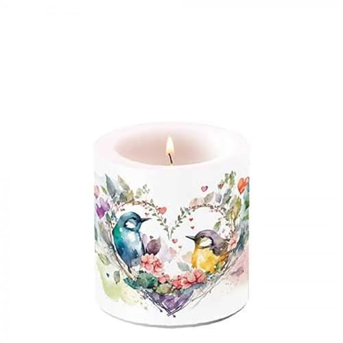 Ambiente Bougie pilier en cire - 9 cm de haut - Durée de combustion : environ 35 h - Couple d'oiseaux amoureux - Printemps été - Série Loving Birds