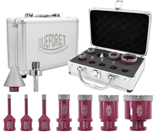 QUEFORET Punte Diamantate Gres Porcellanato 9 Pezzi - 7 Pezzi 6/6/8/20/25/35/50mm x M14 Punte Trapano, 1 Pezzo 35mm Punte Smusso, 1 Pezzo Adattatore per Porcellana Piastrelle Ceramica Marmo Granito