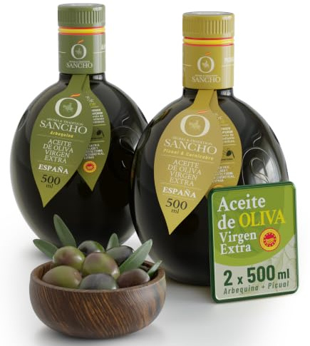 Aceite de oliva virgen extra dúo picual y arbequina pack 2 x 500 ml botella de vidrio | aove gourmet extraído en frío | aceite premium español para regalo | sancho la mancha, dop campo de montiel.