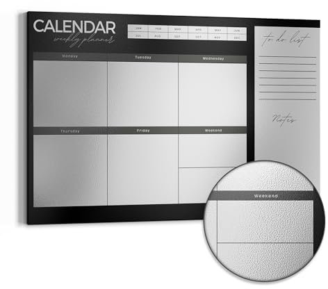 DEQORI Metall Magnettafel | 90x60 cm cm groß | Motiv Wochenplaner Schwarz (EN) | Whiteboard für alle Magnete | Magnetboard Wand-Tafel für Küche & Büro | Design Magnetwand Pinnwand magnetisch