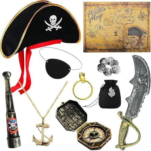 Piratenkostüm Kinder, 15 Stück Piraten Kostüm Zubehör Piratenhut Säbel Augenklappe Fernrohr,Piratin Kostüm,Piraten Verkleidung Accessories,Piraten Karneval Kostüm Fasching Cosplay Halloween Party