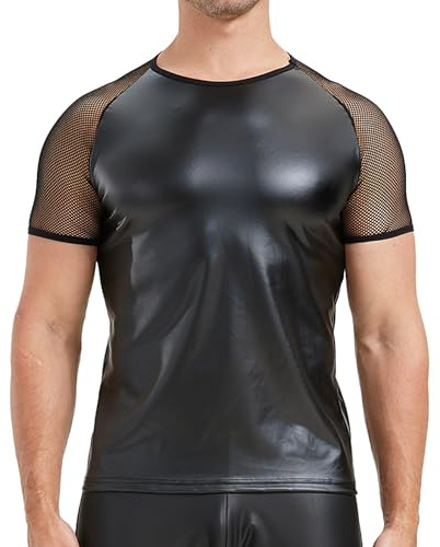 QiaTi män konstläder undertröja sexig ärmlös t-shirt män muskelskjorta topp v-ringad undertröjor, 7#svart, M