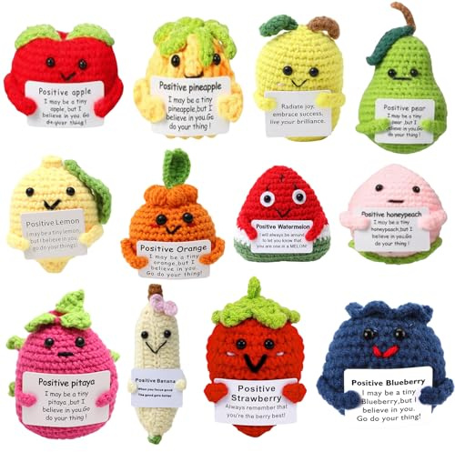 HunnmingRe 12 Pcs Cute Crochet Doll with Positive Card Soft Wool Animals Creative Knitting Dolls for Positive Support Inspirational Birthday Encouragement Gift(Fruit Style)