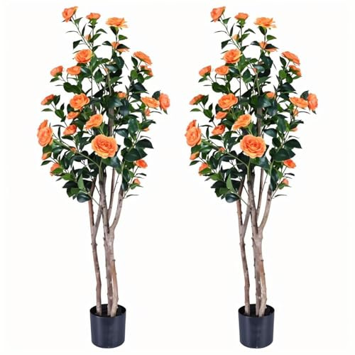 2pc 5ft Decorative Artificial Camellia Tree with Orange Flowers, Potted Faux Floral Plant, Realistic Blooming Fake Plants for Indoor Outdoor Home Front Door Planter Decor
