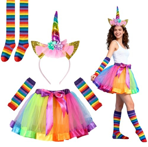 Costume D'arc-En-Ciel Pour Femme, Tutu Arc-En-Ciel Femme Déguisement, avec Tête Licorne Colorées, Jupe Tutu Arc-En-Ciel, Gants, Chaussettes, pour Festivals,Fêtes,Carnavals,Halloween Costumes