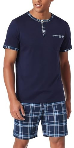 Litherday Pijama Hombre Verano Algodón Conjunto 2 Piezas Cuello Redondo Camiseta Manga Corta y Pantalones Cortos de Cuadros Suave y Transpirable Cuadros Azul y Blanco L