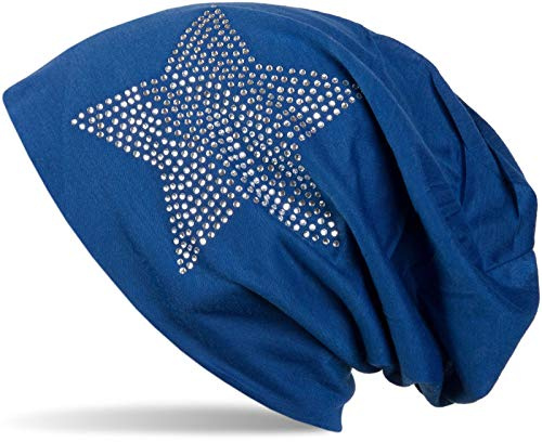 styleBREAKER Damen Beanie Strass Stern Baumwollmix 59cm | Slouch Design. Glitzer Applikation. Bundweite 26cm. Höhe 26cm. elastisch. weiche Haptik. Einheitsgröße.