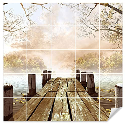 GRAZDesign Fliesenaufkleber Bad Klebefliesen See Steg Natur Braun Fliesenbild selbstklebend - 20x25cm / Bild: 130x130cm (BxH)