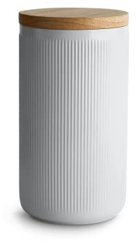 SPRINGLANE Keramik Vorratsdosen mit Holzdeckel Stripes, Kautschukholz-Deckel, Aufbewahrungsdosen, Frischhaltedosen - 10,1 x 18,3 cm hellgrau