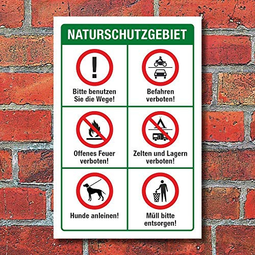 Schild Naturschutzgebiet Waldweg Regeln 300 x 200 mm | 3 mm Alu-Verbund, wetterfester UV-Direktdruck, robust und langlebig, Made in Germany