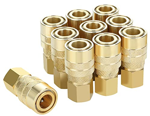 JOROY Brass Air Hose Fittings, Industrial M-Type Plug, 1/4 Inch Body Size, 1/4 Inch NPT Female Threads, 10 Pieces Air Compressor Accessories Coupler Set