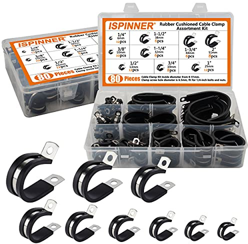 ISPINNER 80pcs Cable Clamps Assortment Kit, 304 Stainless Steel Rubber Cushioned Pipe Clamps in 9 Sizes 2 1-3/4 1-1/2 1-1/4 1 3/4 1/2 3/8 1/4