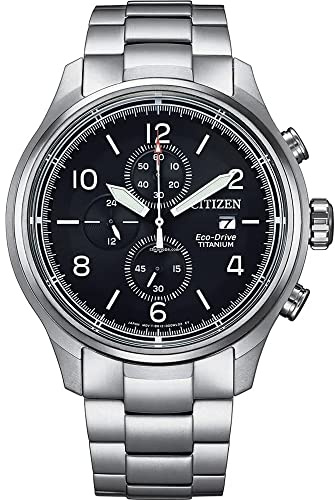 Citizen Titanium Eco Drive Herren Chronograph aus Titan in der Farbe Silber-Schwarz 44mm, Wasserdichtigkeit: 10 Bar, CA0810-88E
