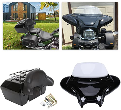 ECOTRIC Motorcycle Trunk Touring Luggage Storage Box and Front Fairing Batwing Bat Wing w/Clear Windshield Compatible with Harley Honda Yamaha Suzuki Kawasaki Cruiser Tail Box with Top Rack Backrest