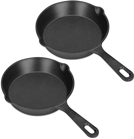 Beufee 2Pcs Mini Non Stick Frying Pans Skillet, 6 Inch Cast Iron Skillet 14cm Diameter Frying Pan 2 Spouts Frying Pan with Handle Grill Pan for Household Kitchen