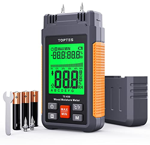 TopTes Feuchtigkeitsmessgerät, Feuchtigkeitsmesser für Wand und Holz TS-630, Großes LCD-Display Dreifarbiger Hintergrundbeleuchtung, 7 Kalibrierungsskalen Holzfeuchtemessgerät mit Batterien - Pin-Typ