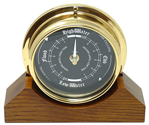 Tabic Handmade Prestige Solid Brass Tide Clock on a solid English Oak Mantel/Display Mount, with jet black mirrored aluminium dial