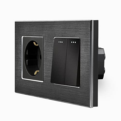 Luxus-Time Wipp 2-Fach Serien Wechselschalter + Lichtschalter Ein/Aus + Steckdose inkls. Aluminium Rahmen 2 Fach Kippschalter mit Einbausteckdose für die Unterputzdose schwarz LXBA2-12-LX-102M-71-12