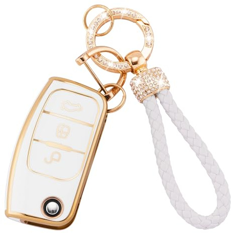 Autoschlüssel Hülle für Ford Zubehör 3 Tasten Schlüsselhülle-Weißgold | Auto Schlüsselcover für Ford Focus Fiesta Galaxy Kuga C-Max S-Max Mondeo MK4 TPU Schlüssel Hülle mit Schlüsselanhänger