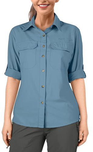 33,000ft Camisa para mujer UPF50+ con protección UV, de secado rápido, para tiempo libre, manga larga, para senderismo, pesca, safari, viajes, golf, Acero azul., L