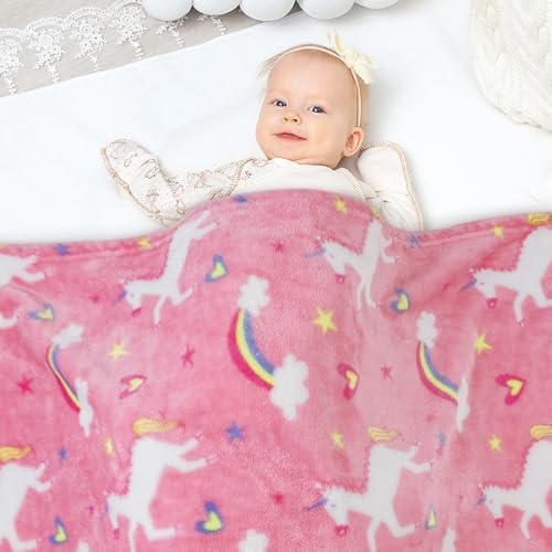 Viviland Kids Unicorn Print Blanket, Warm Lightweight Plush Pink Unicorn Fleece Throw for Sofa, Couch, Bed - 30 x 40