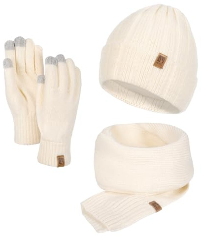 HEYO Vinterset för kvinnor, stickad mössa, halsduk, mjuka handskar, varmt set för damer, fodrad vintermössa med stor vinterhalsduk, damhalsduk, Beige, En Storlek