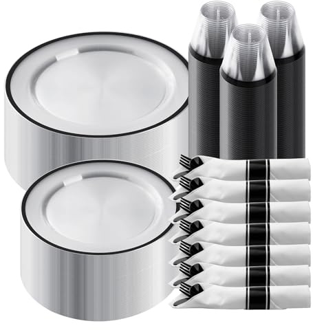 Goodluck 350 Piece Black Plastic Dinnerware Set for Party, Clear Disposable Plates for 50 Guests, Include: 50 Dinner Plastic Plates, 50 Dessert Plates, 50 Pre Rolled Napkins with Cutlery Set, 50 Cups