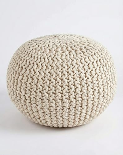 Palisa Round Ottoman Pouf Handmade Cotton Knitted Poof Bean Bag Filling | Boho Pouffe for Living Room & Bedroom | Foot Rest Poufs for Office Home Decor (Ivory, 20 D x 20 W x 14 H)