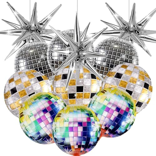 Lot de 12 ballons disco multicolores en aluminium - Ballons miroir pour décoration de fête - Décoration rétro années 70 et 80