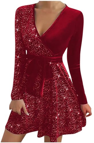 Women Sequin Velvet Dress V Neck Elegant Party Dress Sexy Ruched Long Sleeve Cocktail Dress Sparkly Glitter Evening Dress Clubbing Prom Dress Ladies Wedding Guest Dresses Red