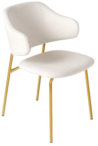 Stuhl VOGUE - 54cm - weiß gold - Bouclé-Bezug Metall-Beine Armlehne Retro | hoher Komfort, pflegeleicht, Esszimmerstuhl, Design, modernes Design, Teddystoff