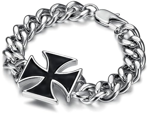 BOBIJOO Jewelry - Bracelet Gourmette Homme Croix Noire Acier Inoxydable Symbolique Biker Templier - Noir 23cm