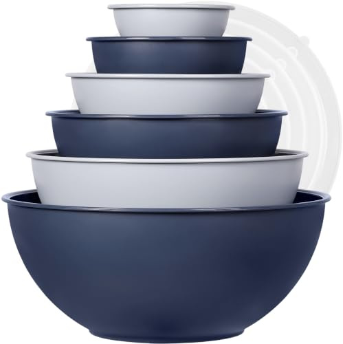 BoxedHome Mixing Bowl Set with Lid, Mixing Bowls, 12-Pack Mixing Bowl Set, Plastic Salad Bowl Stackable Serving Bowls for Kitchen (6 Bowls and 6 Lids, Haze Blue)
