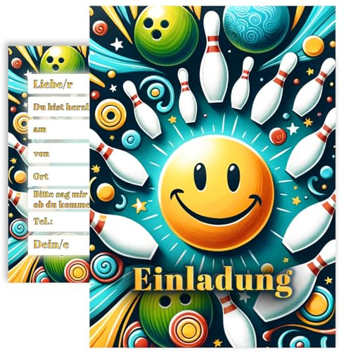 E&G Klasse 10x Kinder Einladungskarten Einladung Kindergeburtstag Bowling Bowlingbahn Kegel mit Smiley 10x15 cm Party Spiel Geburtstag Einschulung Party Kinderparty Geburtstagsparty