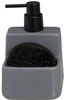 Dispensador jabon Cocina con Compartimento Extra para Estropajo de cerámica de 10x10x15 cm (Gris)
