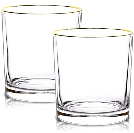 Raisaplin Whiskey Glasses Set of 2 with Gold Rim, 350ml/ 12oz Crystal Old Fashioned Rocks Barware Scotch Bourbon Whiskey Tumblers Snifter for Rum Cognac Vodka Liquor Cocktail Drinks Bar Gifts