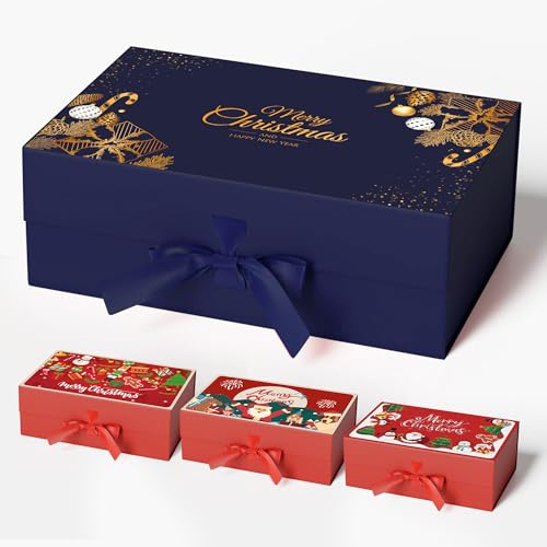 GIFTSAY Magnetische Weihnachts-Geschenkboxen mit goldenem Muster, 32,2 x 20,3 x 11,4 cm, Preußischblau, einzigartiges Design, Weihnachtsboxen mit Deckel für Geschenke, große Papier-Geschenkbox zum