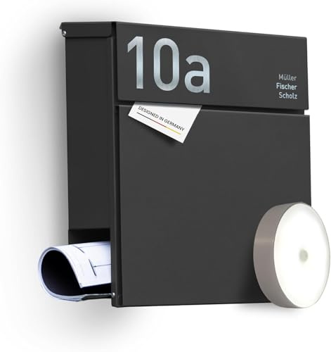 Radius® Designer Briefkasten Edelstahl - Hausnummer & Briefkasten Namensschild personalisiert mit Lasergravur - Postkasten Briefkästen inkl. Montagematerial & LED Lampe aus DE – Letterman 6 Anthrazit