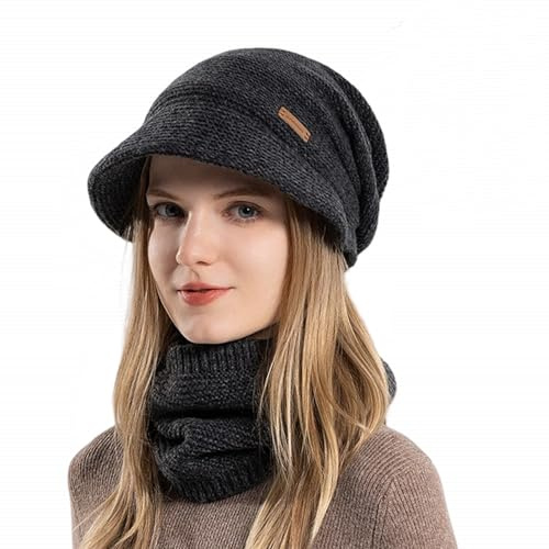 Siganorpy Women Winter Knitted Beanie Hat Stretchy Slouchy Cap with Visor Warm Fleece Lined Skull Cap for Cold Weather Brim Fleece Liner 55-60 cm (Black Set)