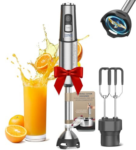 Anybear Mixeur plongeant 1100 W 2 en 1 avec moteur entièrement en cuivre et corps en acier inoxydable, 15 vitesses et mode turbo, revêtement anti-rayure, embout garde-boue inclus
