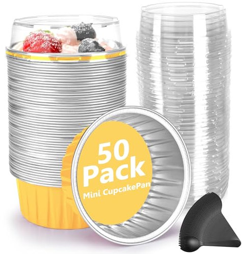 Mini moldes para tartas, 50 paquetes con tapas y cucharas, redondos, de papel de aluminio, moldes para magdalenas, moldes desechables para tartas, tartas de queso, crema brulee, ramequines de 5 onzas