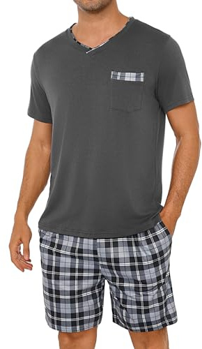 Leversic Pigiama Uomo Estivo Pigiami Corto Scollo a V Abbigliamento da Casa in Due Pezzi Comodo Morbido 308-Grigio M