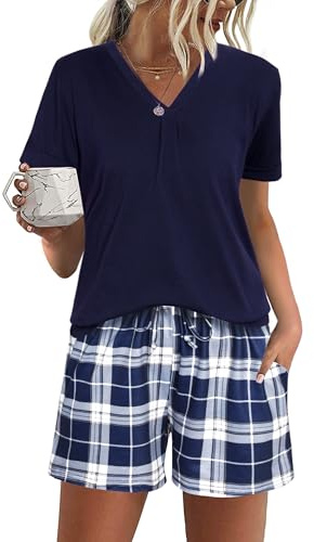 Jezonga Pigiama Donna Estivo Pigiami da Donna Cotone Corto Set Due Pezzi Casual da Notte Casa con V Leggero e Morbido Blu Navy M